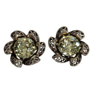 Vintage Signed Hollycraft 1952 Flower Earrings Large Citrine Rhinestone 23g